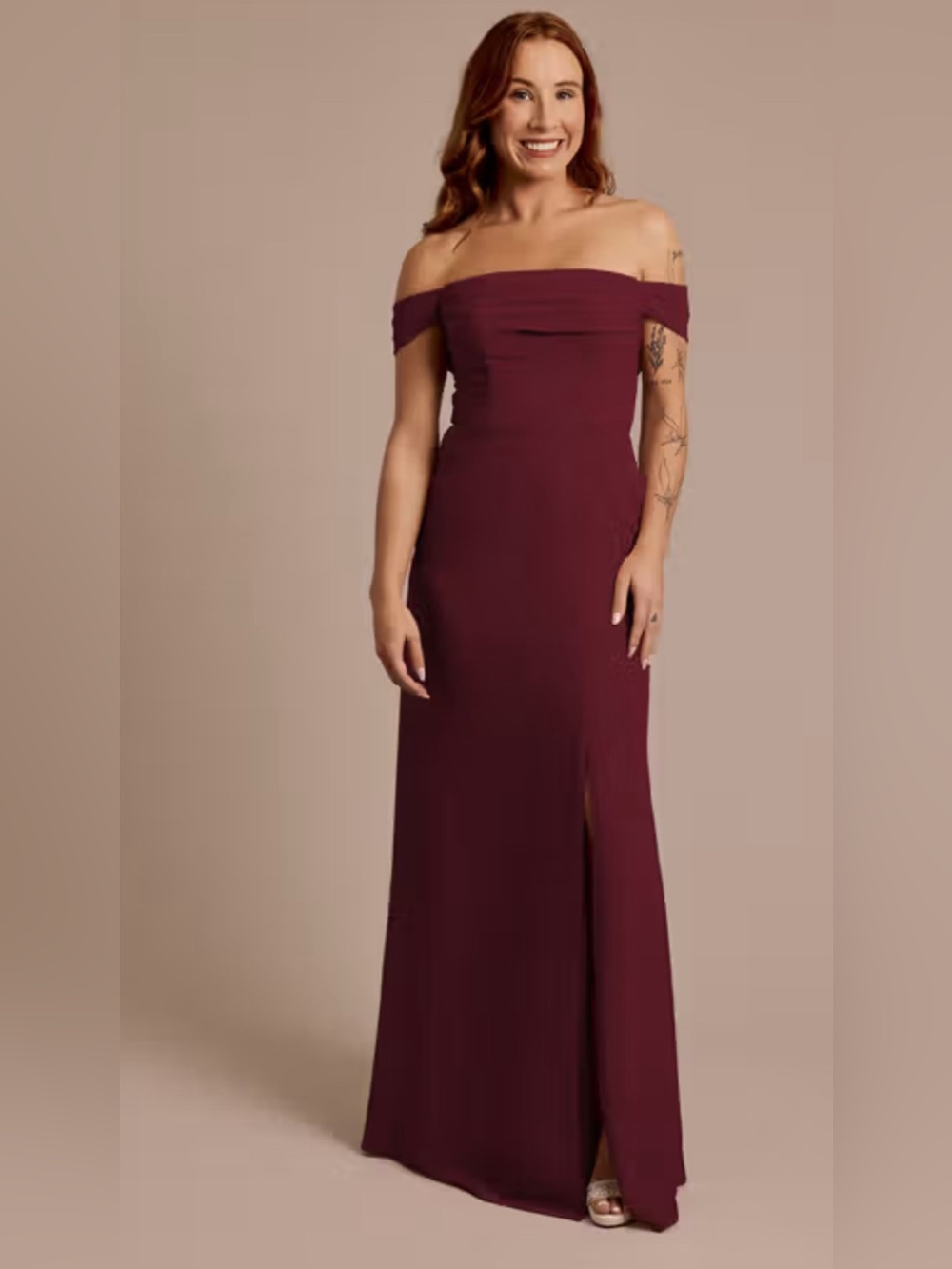 David’s Bridal Burgundy Wine Chiffon Off-the-Shoulder Draped Dress Size 14 NWT